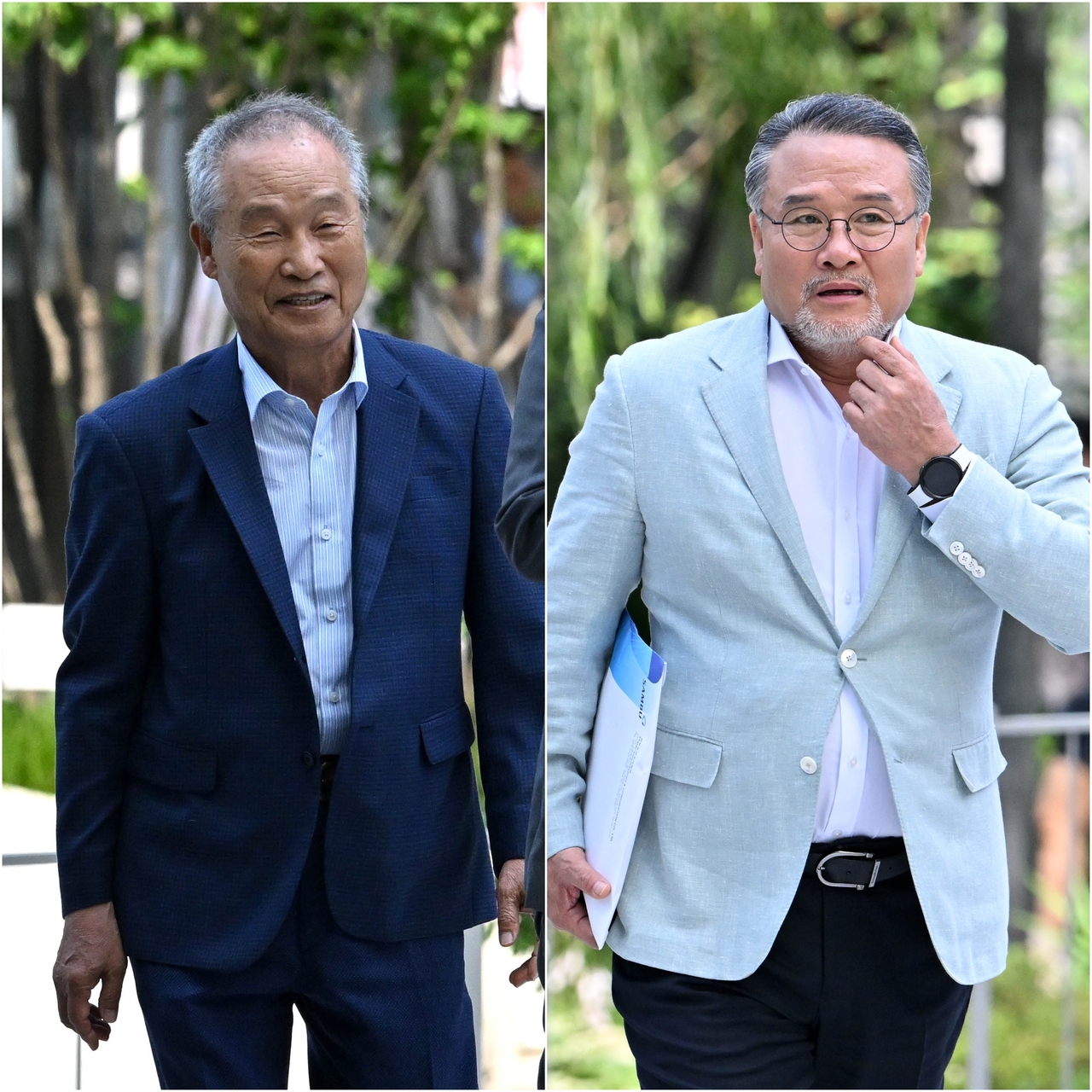 조성옥(왼쪽) sky 토토사이트 전 회장과 이일준 sky 토토사이트 회장이 10일 오전 서울 종로구 민중기 특별검사 사무실에 피의자 신분으로 조사받기 위해 출석하고 있다.  임세준 기자