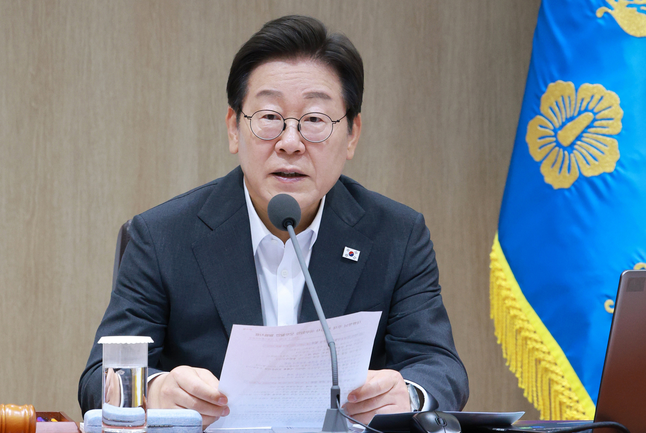 President Lee Jae Myung speaks during a Cabinet meeting at the presidential office in Seoul on Tuesday. (Yonhap)