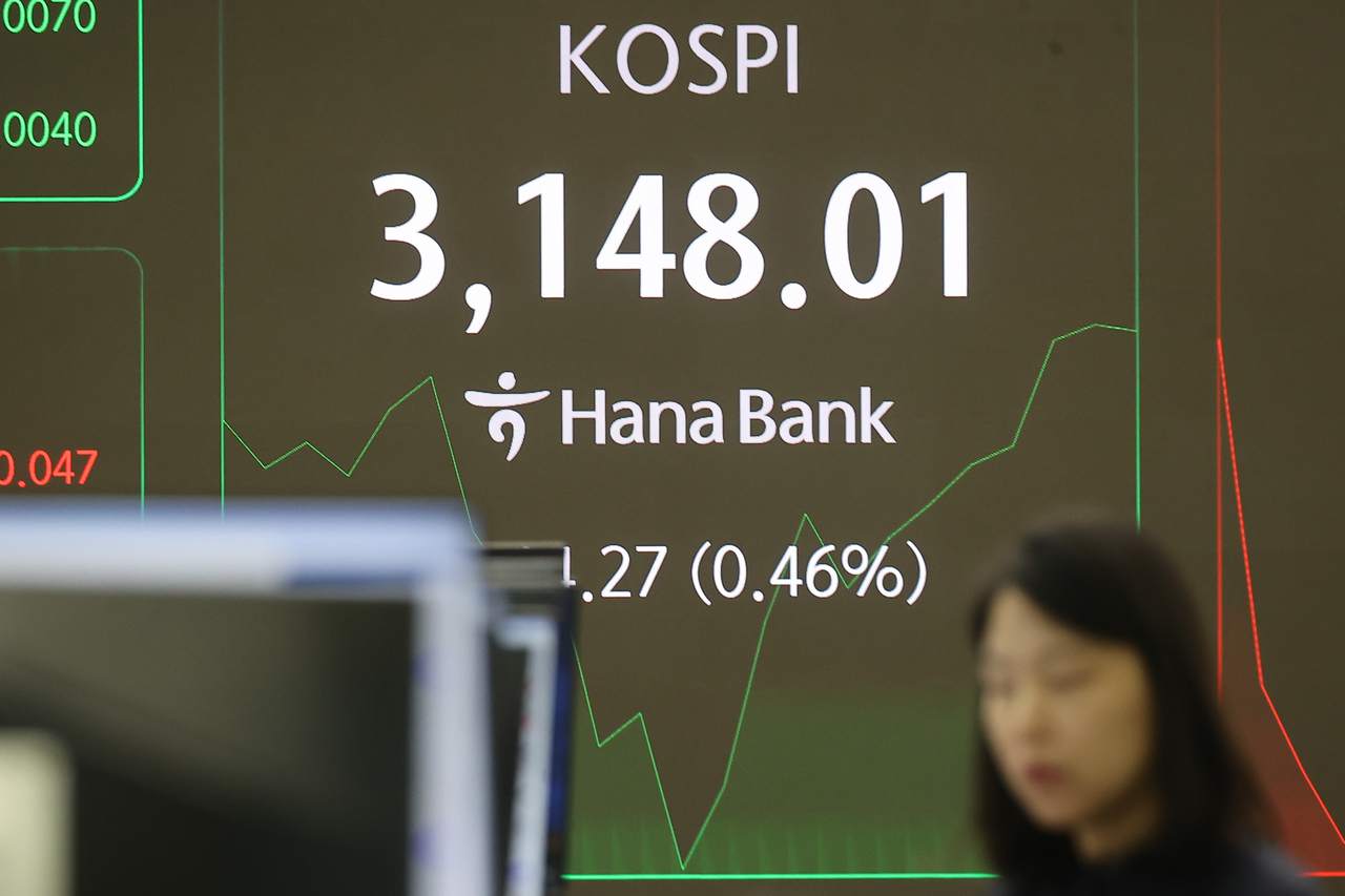 An electronic board showing the Korea Composite Stock Price Index at a dealing room of the Hana Bank headquarters in Seoul on Thursday. (Yonhap)