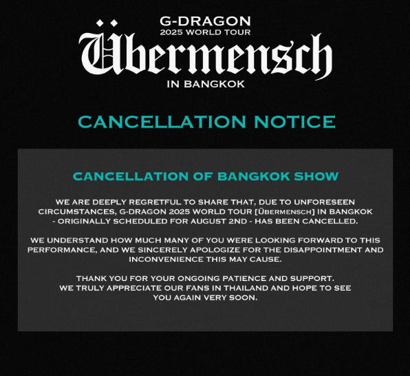 A notice announcing the cancellation of G-Dragon's Bangkok show posted on Thursday by concert promoter AEG Presents Asia (AEG Presents Asia's Instagram account)