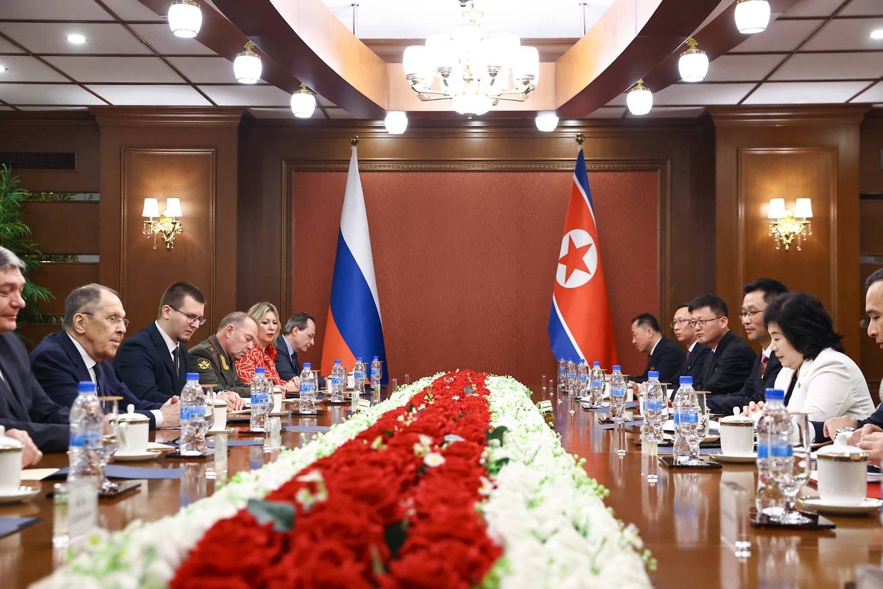 Russian Foreign Minister Sergei Lavrov (second from left) and his North Korean counterpart, Choe Son-hui (second from right), attend the second round of strategic talks between the two countries in Wonsan, North Korea, on Saturday, in this photo provided by the Russian Embassy in North Korea on Telegram. (Russian Ministry of Foreign Affairs)