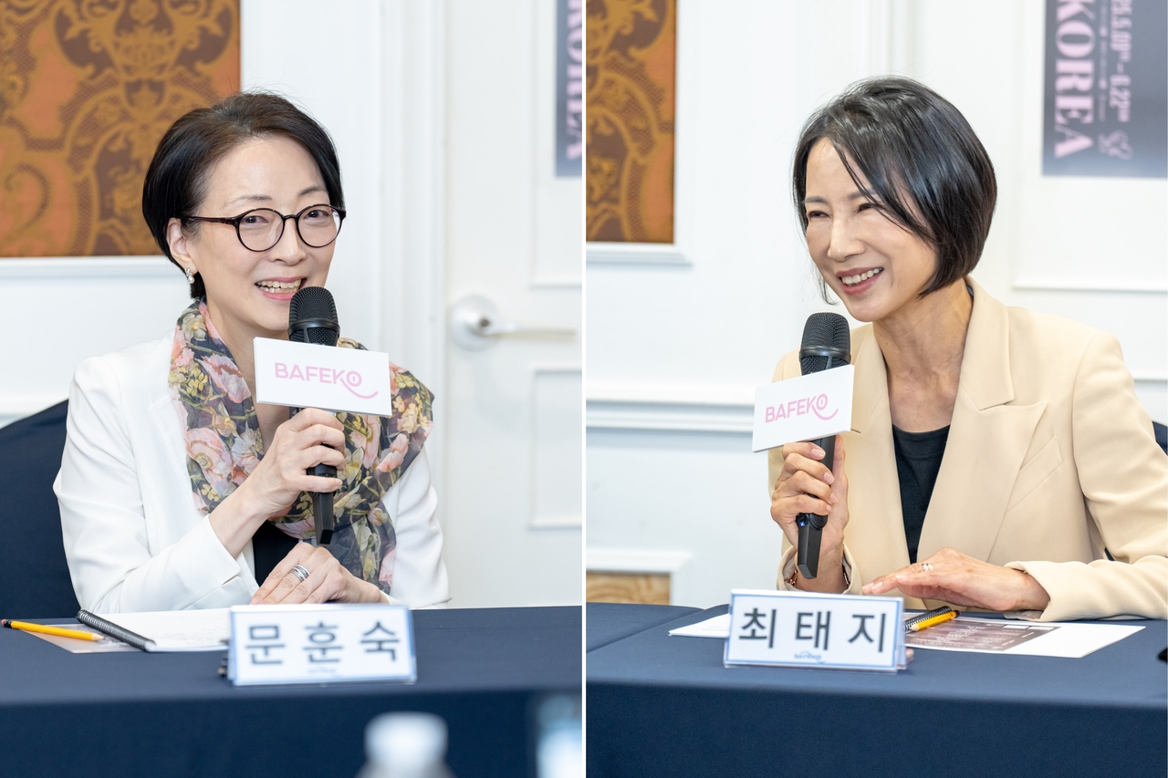 Julia H. Moon (left) and Choi Tae-ji speak during a press conference for the 15th Ballet Festival Korea at Seoul Arts Center. (BAFEKO)