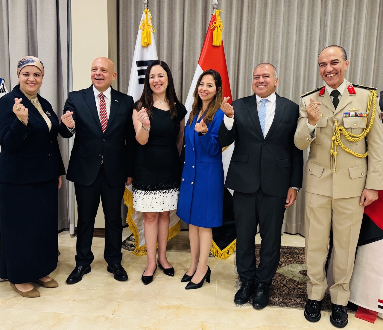 Egyptian Ambassador to Korea Khaled Abdel Rahman (second from left) poses for a photo at the 73rd anniversary of Egypt’s National Day in Seoul on Friday.(Sanjay Kumar/The Korea Herald)