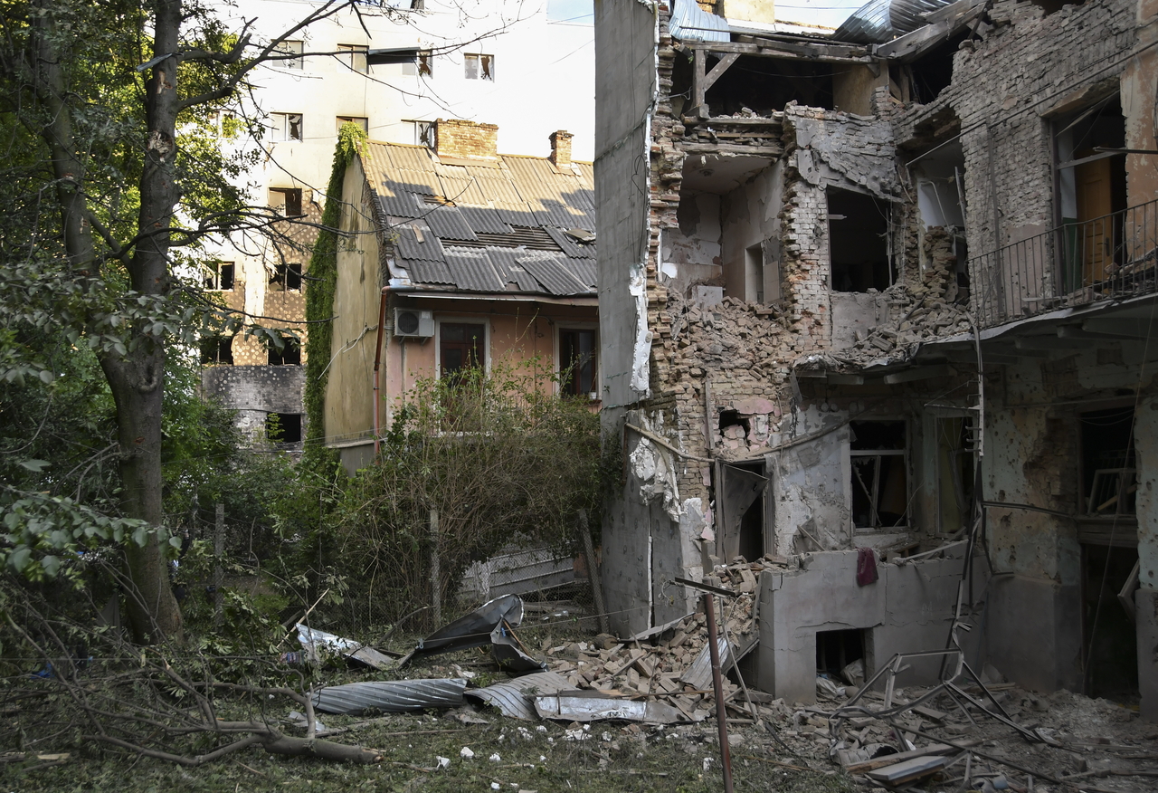 The site of a drone strike on a residential building in Lviv, Saturday (EPA-Yonhap)