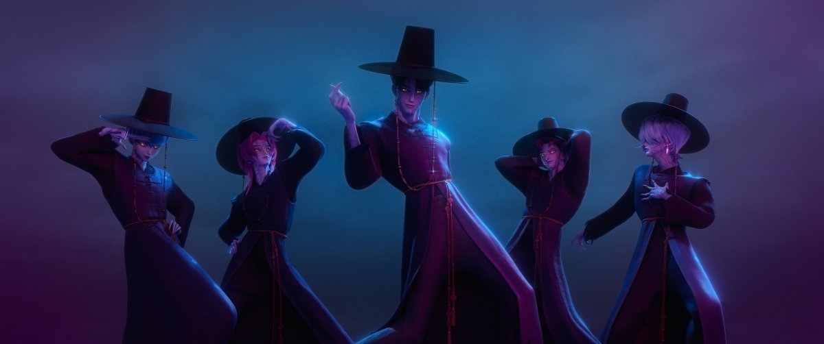 A scene from the Netflix animated film "K-pop Demon Hunters" features the Saja Boys performing “Your Idol” in their grim reaper concept. (Netflix)
