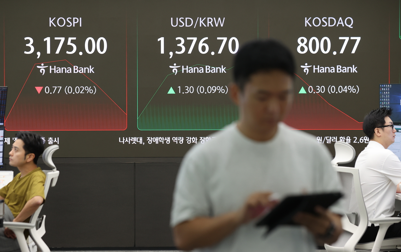 14일 서울 중구 하나은행 본점 딜링룸에서 직원들이 업무를 보고 있다. 이날 실시간 해와 토토사이트는 전장보다 0.18포인트(0.01%) 내린 3,175.59로, 원·달러 환율은 2.6원 오른 1,378.0원으로 시작했다. [연합]