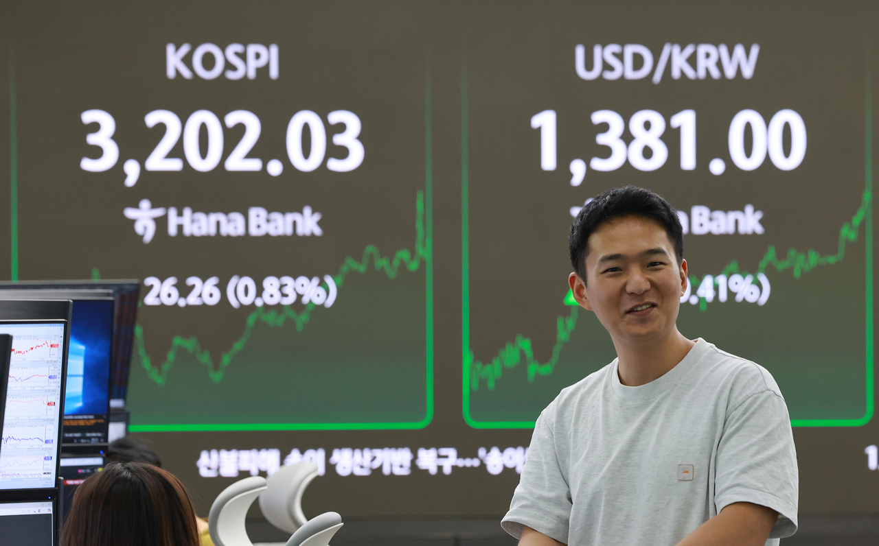 An electronic board showing the Korea Composite Stock Price Index at a dealing room of the Hana Bank headquarters in Seoul on Monday. (Yonhap)