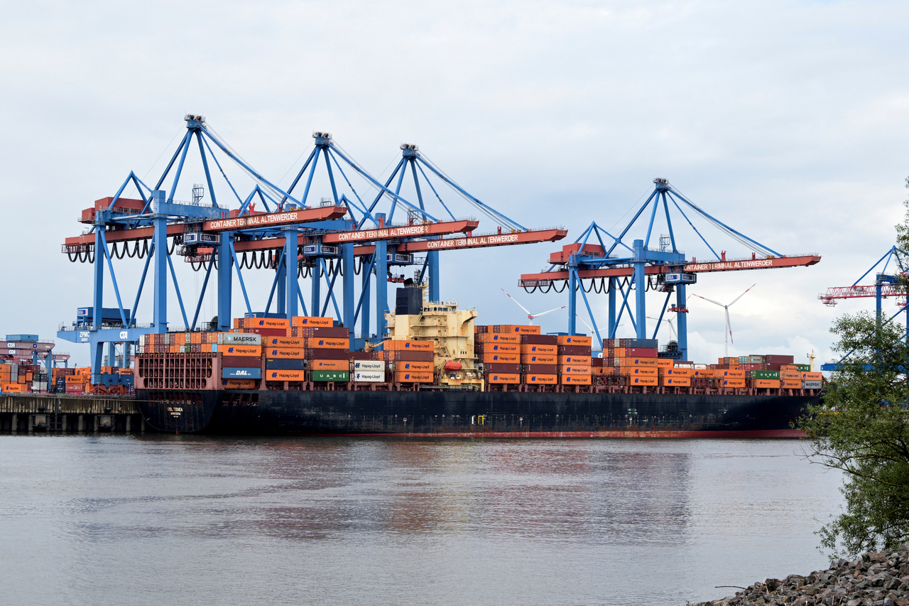 Containers are stacked on a cargo ship at a loading terminal in the harbor in Hamburg, Germany, July 13.   Reuters-Yonhap