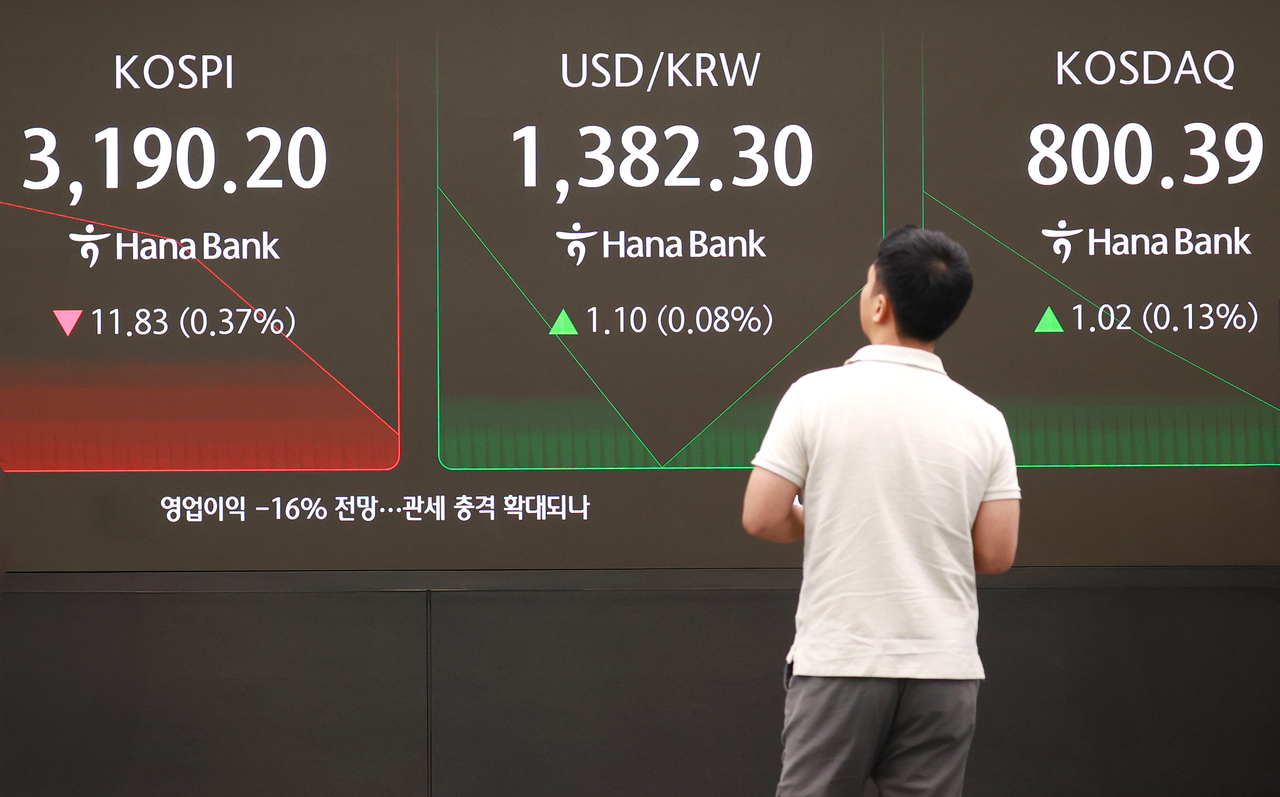 An electronic board showing the Korea Composite Stock Price Index at a dealing room of the Hana Bank headquarters in Seoul on Tuesday. (Yonhap)