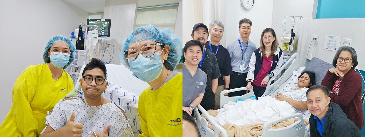 (좌) 한국 의료진에게 생명을 선물 받은 프란츠 아렌 바바오 레예즈 씨가 ‘한국 의료 최고’라 외치며 두 손 모두 엄지를 치켜세운 사진을 전달해왔다. (우) 생체 간토토사이트 마초 수술을 받은 모자의 가족들이 한국 의료진에게 감사함을 전하기 위해 마카티병원에 찾아왔다. 왼쪽 두 번째가 김기훈 서울아산병원 간토토사이트 마초·간담도외과 교수.