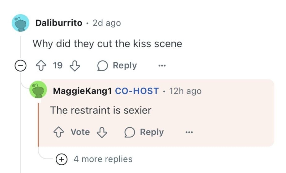 Screenshot of a Reddit post showing Maggie Kang's response to a fan question (Reddit)