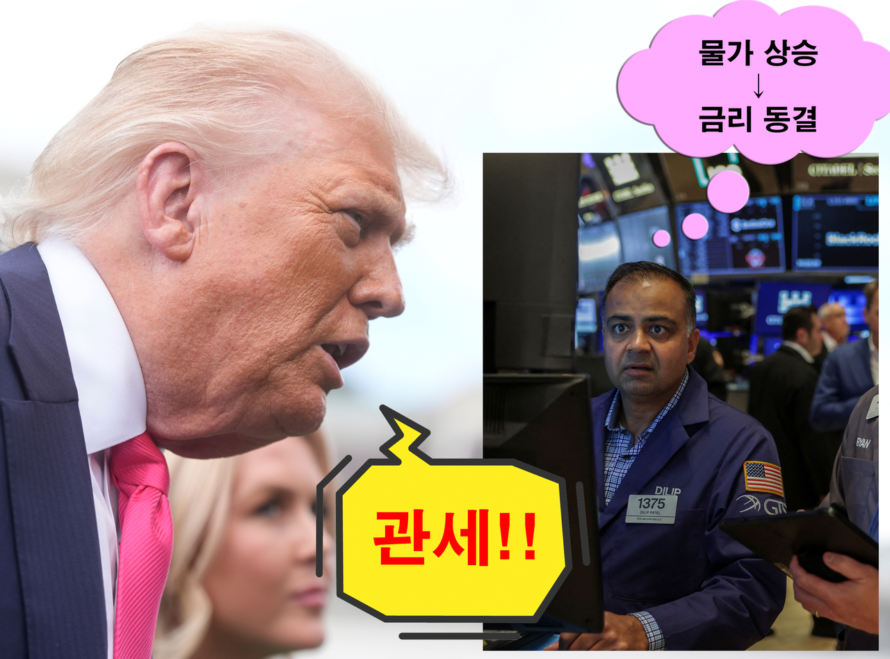 도널드 트럼프(왼쪽) 미국 대통령의 모습. 15일(현지시간) 미국 뉴욕증권거래소(NYSE)의 모습. [AP·로이터, 신동윤 기자 정리]