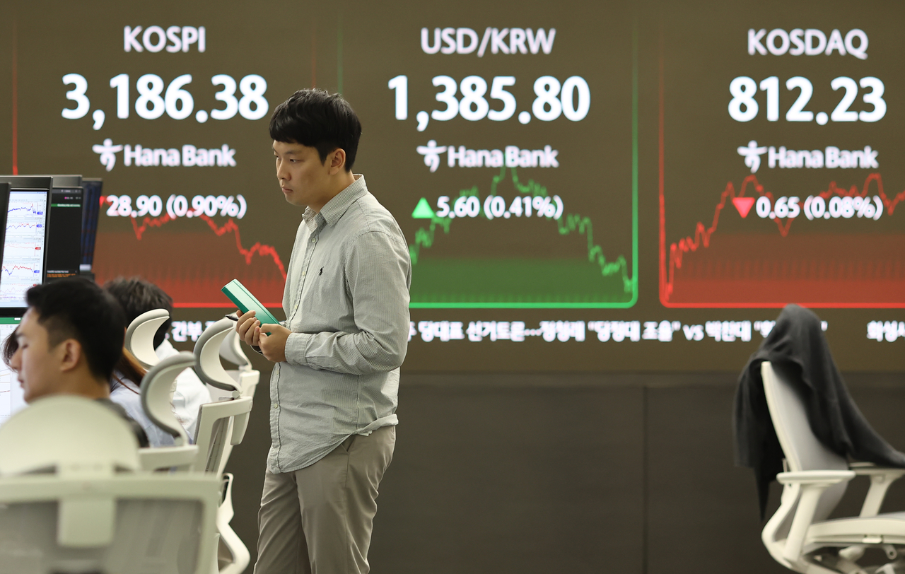 An electronic board showing the Korea Composite Stock Price Index at a dealing room of the Hana Bank headquarters in Seoul on Wednesday. (Yonhap)