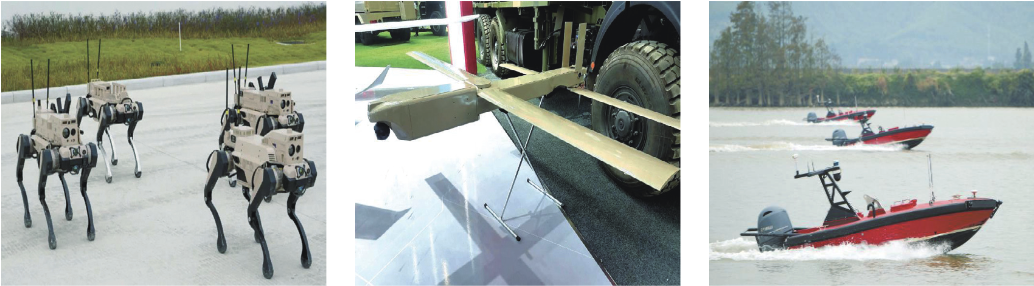 From left: A group of Robot Wolf combat robots, a Swarm Drone, and the Orca-class uncrewed surface vessel, showcased by Chinese defense manufacturers at the 2024 Zhuhai Airshow. (Korea Institute for Industrial Economics and Trade)