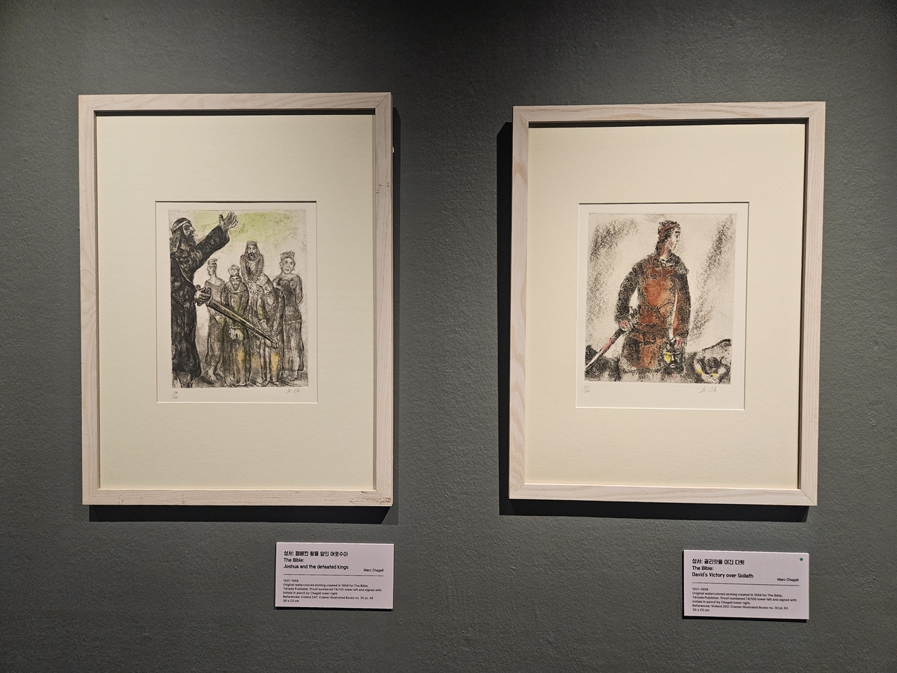 Installation view of watercolored etchings for The Bible by Marc Chagall at the exhibition "Marc Chagall: Beyond Time" at Hangaram Art Museum (Park Yuna/The Korea Herald)
