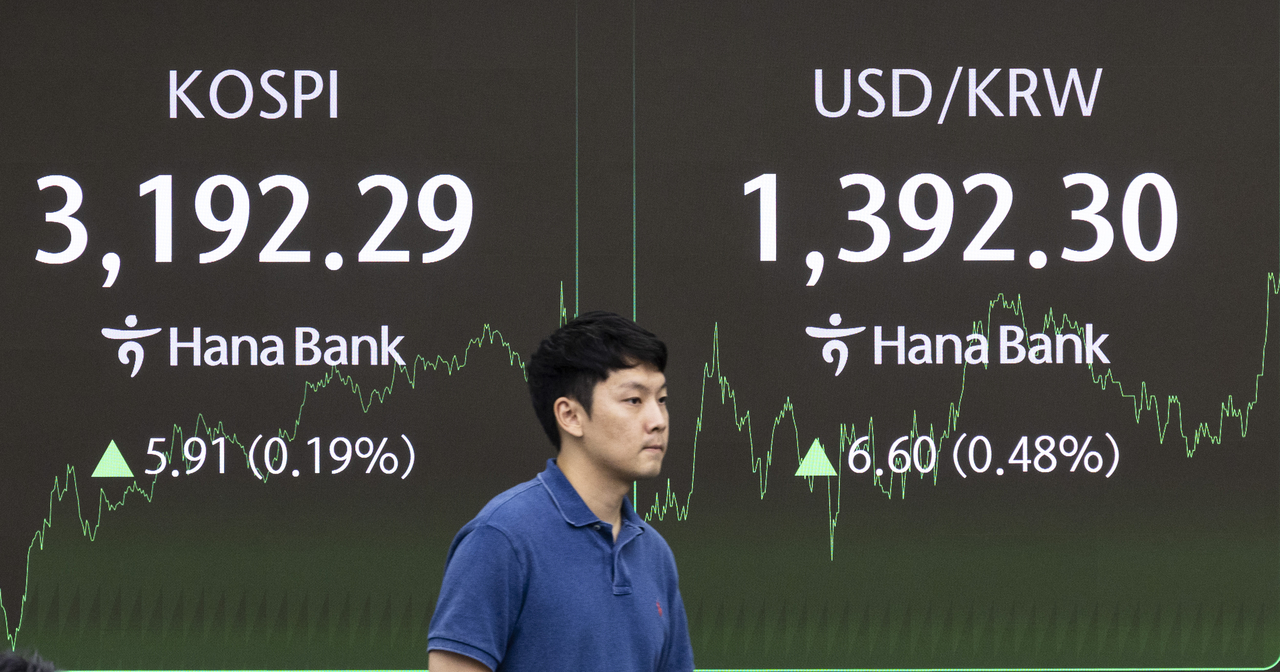 An electronic board showing the Korea Composite Stock Price Index at a dealing room of the Hana Bank headquarters in Seoul on Thursday. (Yonhap)