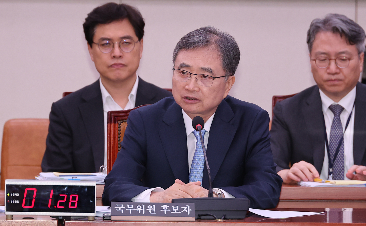 Foreign Minister nominee Cho Hyun answers lawmakers' questions during a parliamentary confirmation hearing at the National Assembly in Seoul on Thursday. (Yonhap)