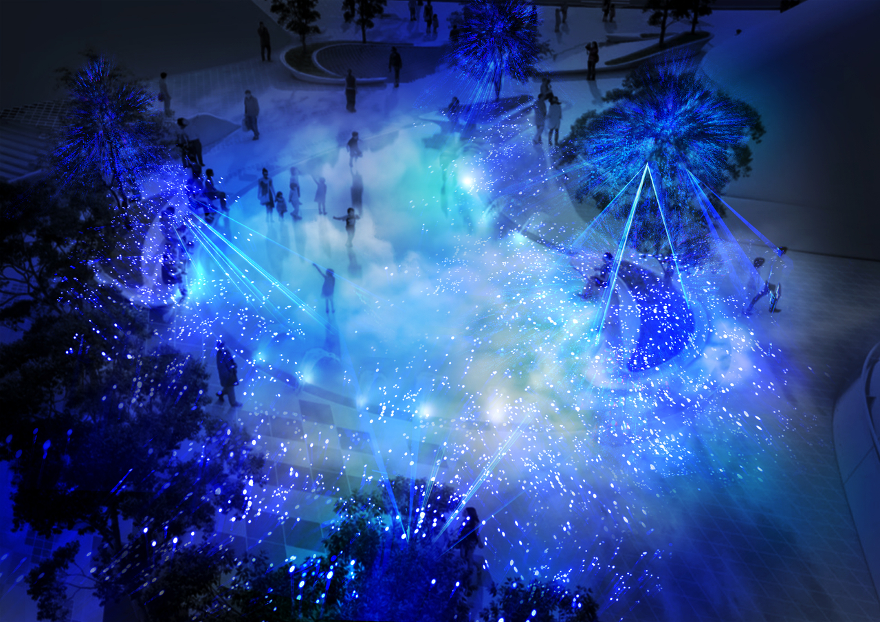 Rendering of the "Rhythm in Fog" exhibit at the Seoul Light DDP 2025: Summer event, to take place at the newly installed water space in Dongdaemun History and Culture Park (Seoul Design Foundation)