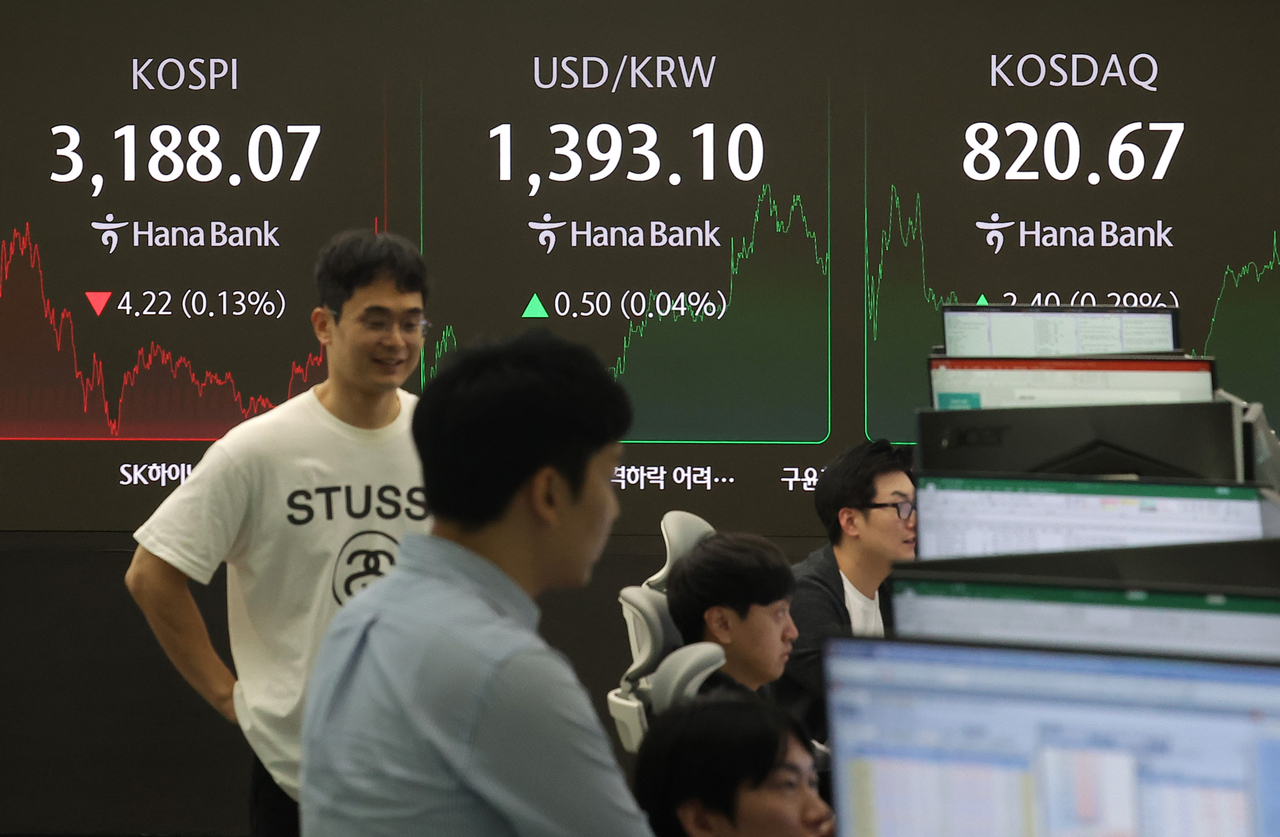 An electronic board showing the Korea Composite Stock Price Index at a dealing room of the Hana Bank headquarters in Seoul on Friday. (Yonhap)