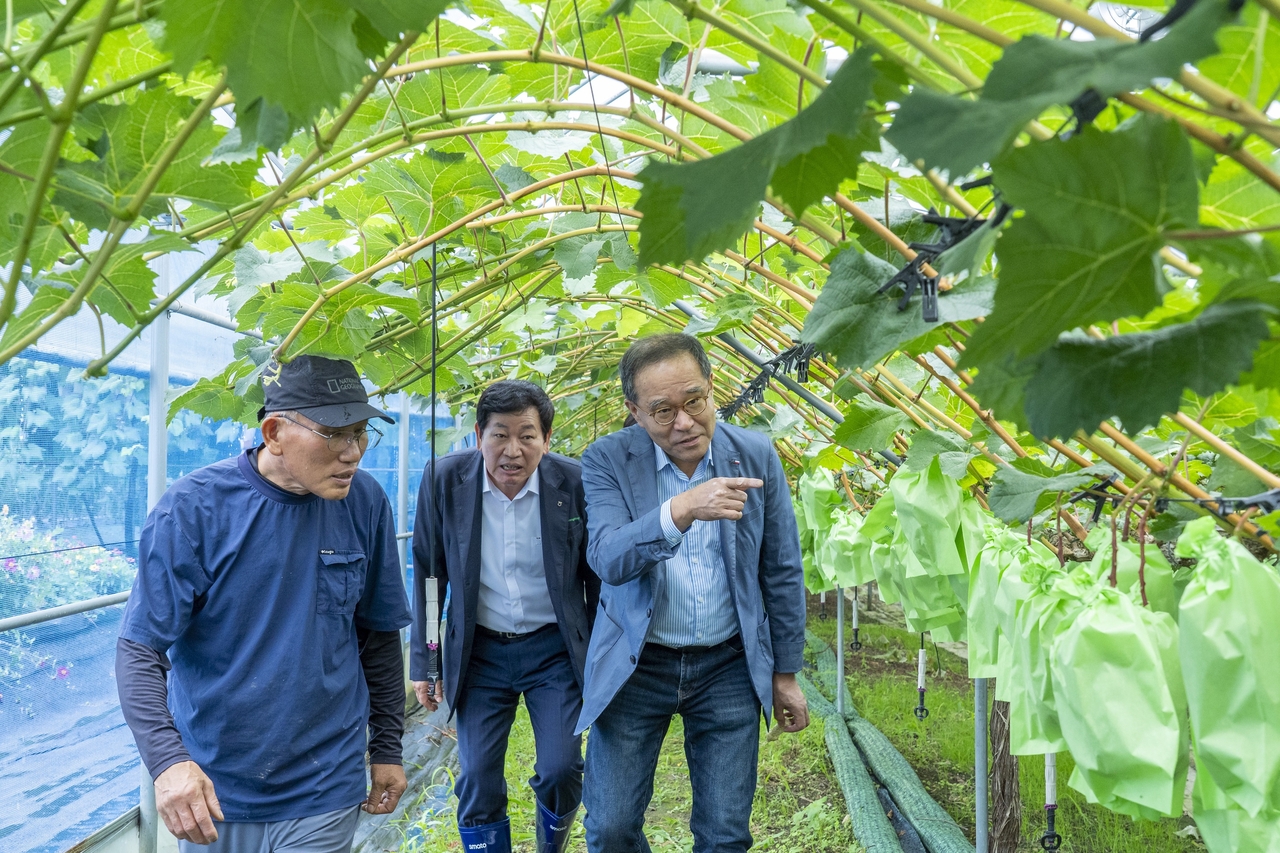 이찬우(맨 오른쪽) 회장과 박경식(가운데) 안산농협 조합장이 경기도 남부 농가를 찾아 애로사항을 듣고 있다.