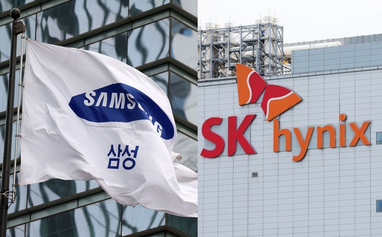 From left: Samsung Group flag seen outside the group's headquarters in Seoul (Newsis) and SK hynix logo featured outside its building in Icheon, Gyeonggi Province (Yonhap)