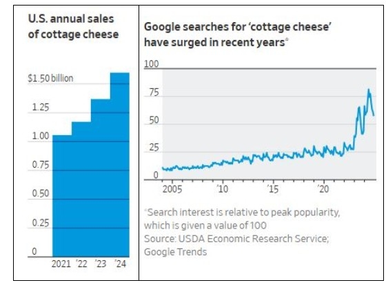 미국 코티지 토토사이트 디오스 시장 성장세(왼쪽), 구글 검색량 증가 추이 [NielsenIQ, USDA Economic Research Service, Google Trends]