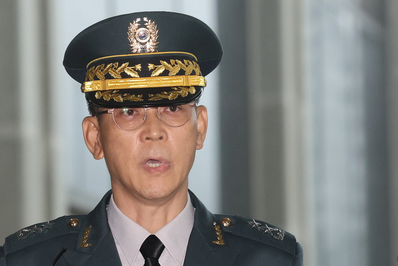 Maj. Gen. Kim Yong-dae, chief of the Drone Operations Command, speaks to reporters upon arrival at the Seoul High Prosecutors Office in the capital on July 17 to be questioned by a special counsel team over former President Yoon Suk Yeol's insurrection charges in connection with his Dec. 3 martial law declaration. (Yonhap)
