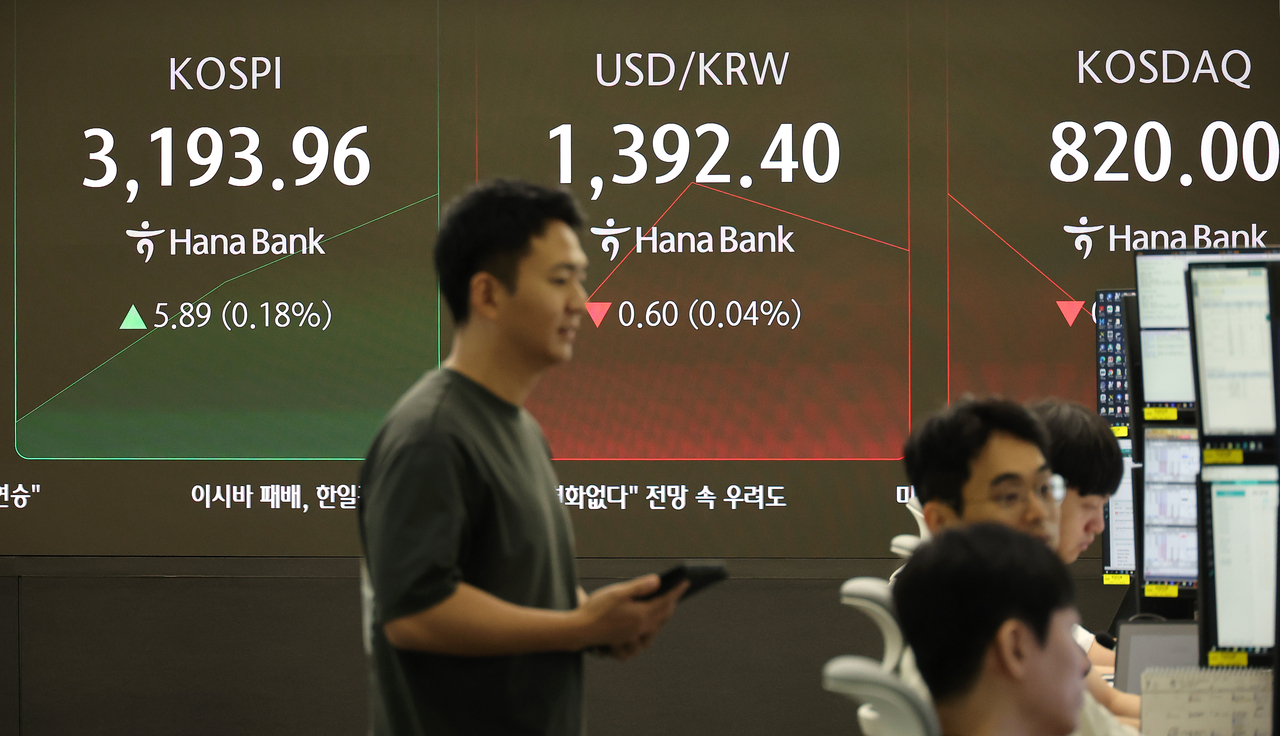An electronic board showing the Korea Composite Stock Price Index at a dealing room of the Hana Bank headquarters in Seoul on Monday. (Yonhap)