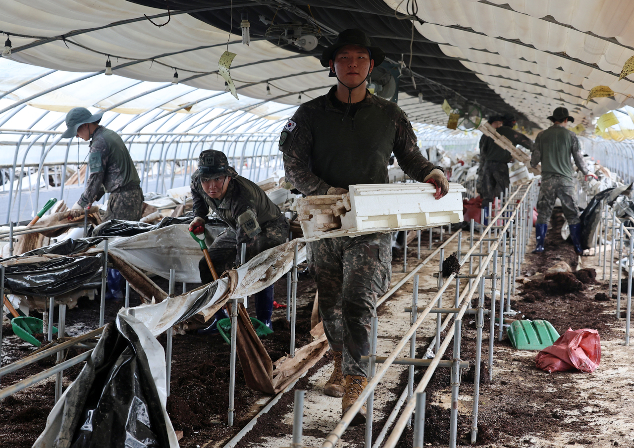 Soldiers from the 31st Infantry Division conduct flood recovery operations at a strawberry farm in Buk-gu, Gwangju, Monday morning. (Yonhap)