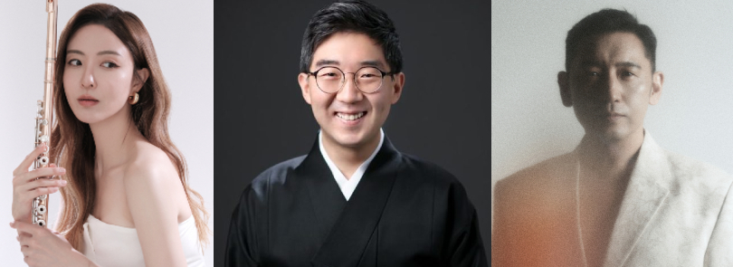 (From left) Flutist Choi Na-kyung, composer Kim Texu and guitarist and producer Denis Sungho (Donice)