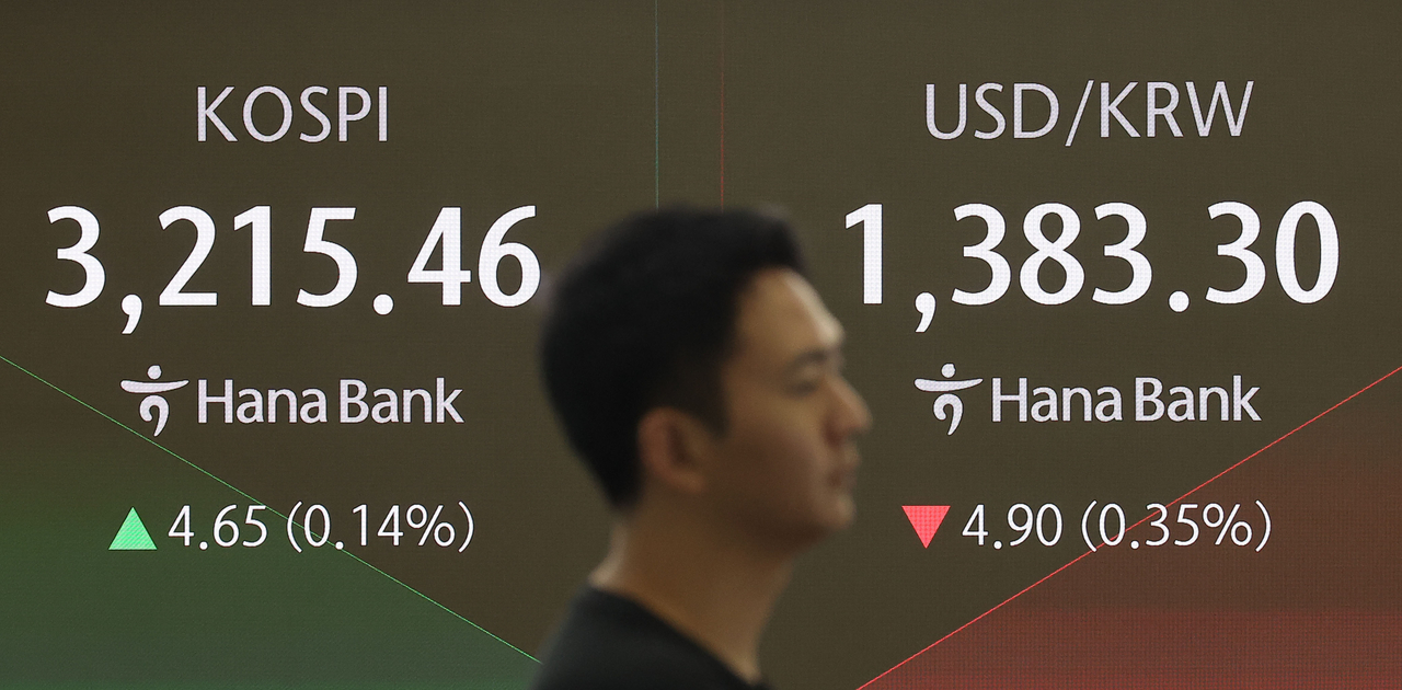 An electronic board showing the Korea Composite Stock Price Index at a dealing room of the Hana Bank headquarters in Seoul on Tuesday. (Yonhap)