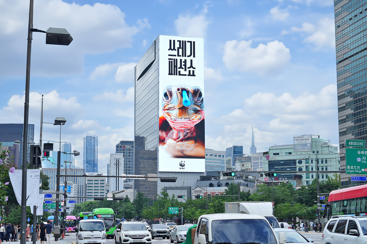 코에 플라스틱 빨대가 꽂힌 거북이가 등장한 ‘토토사이트 무료포인트 환전 패션쇼’ 캠페인 영상이 서울 광화문 대형 전광판에 송출되고 있다. [제일기획 제공]