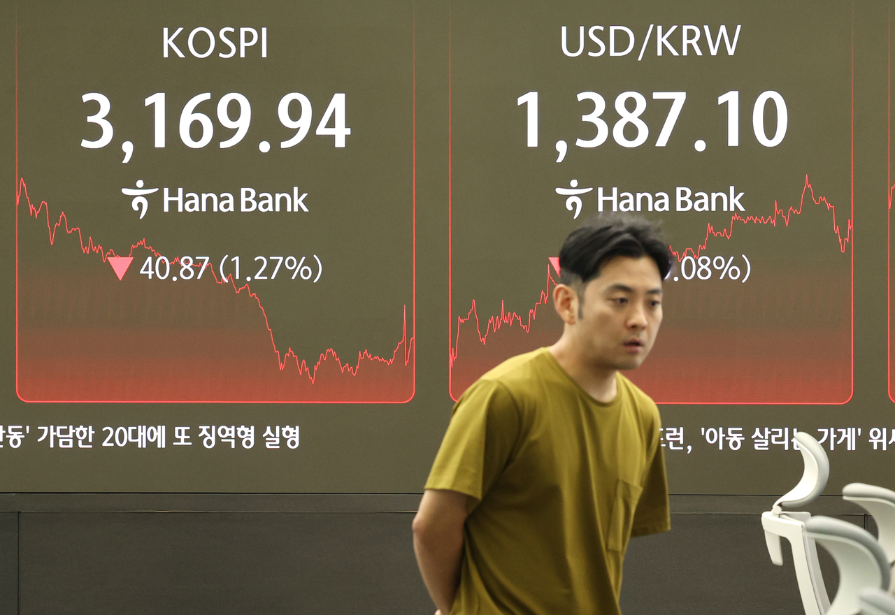 An electronic board showing the Korea Composite Stock Price Index at a dealing room of the Hana Bank headquarters in Seoul on Tuesday. (Yonhap)