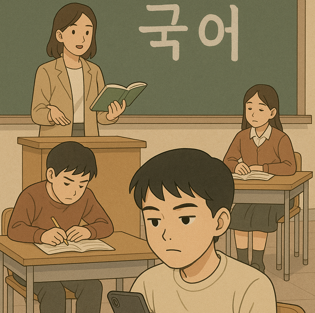 국가수준 학업성취도 평가 결과 지난해 고2·365 토토사이트 학생 10명 중 1명이 국어에서 ‘기초학력 미달(1수준)’ 등급을 받은 것으로 파악됐다. 사진은 국어 수업을 듣지 않는 학생들의 모습. [챗gpt를 통해 제작]