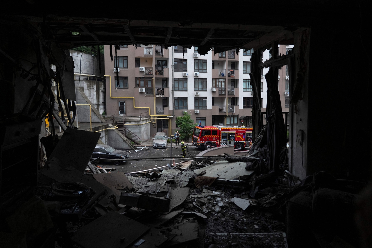 A residential building is damaged after a Russian attack in Kyiv, Ukraine, Monday. (AFP-Yonhap)