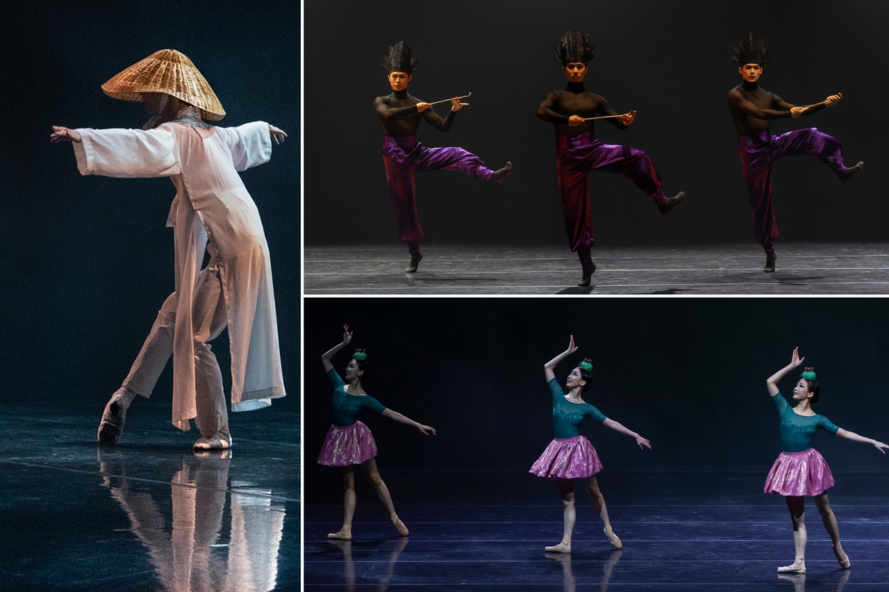 Clockwise from left: Dancers wearing "satgat," "jeongjagwan" and "jokduri" perform in "Gat." (Yunbyul Ballet Company)