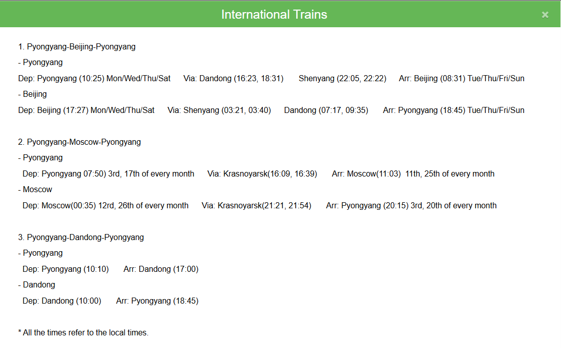 A screenshot from North Korea’s state-run tourism website shows the newly released schedule for round-trip train services between Pyongyang and Beijing, as well as Pyongyang and Dandong as of July 16. (DPR Korea Tour website)