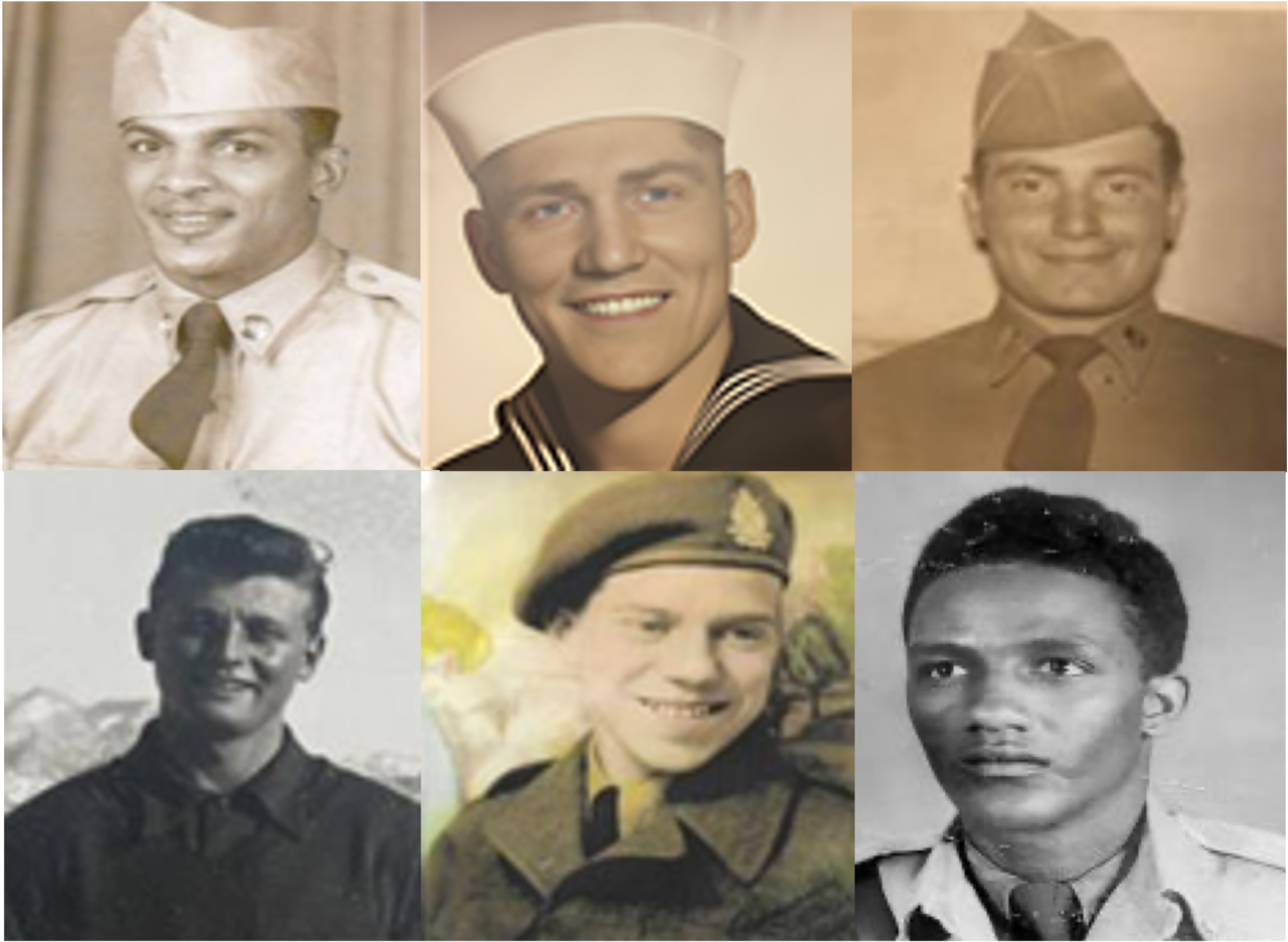 (lockwise from top left: The late Fred McGee, US Army, served in 1952; Malcolm Williamson, US Navy (USS Thompson), 1950–1954; Harold Simlak, US Army (1st Cavalry Division), 1951; Estifanos Yimam, Ethiopian Army, 1954; Alphonse Martel, Canadian Army (Royal 22nd Regiment), 1952–1953; Clifford Pearson, British Army (Royal Electrical and Mechanical Engineers), 1953–1956. (Ministry of Patriots and Veterans Affairs)