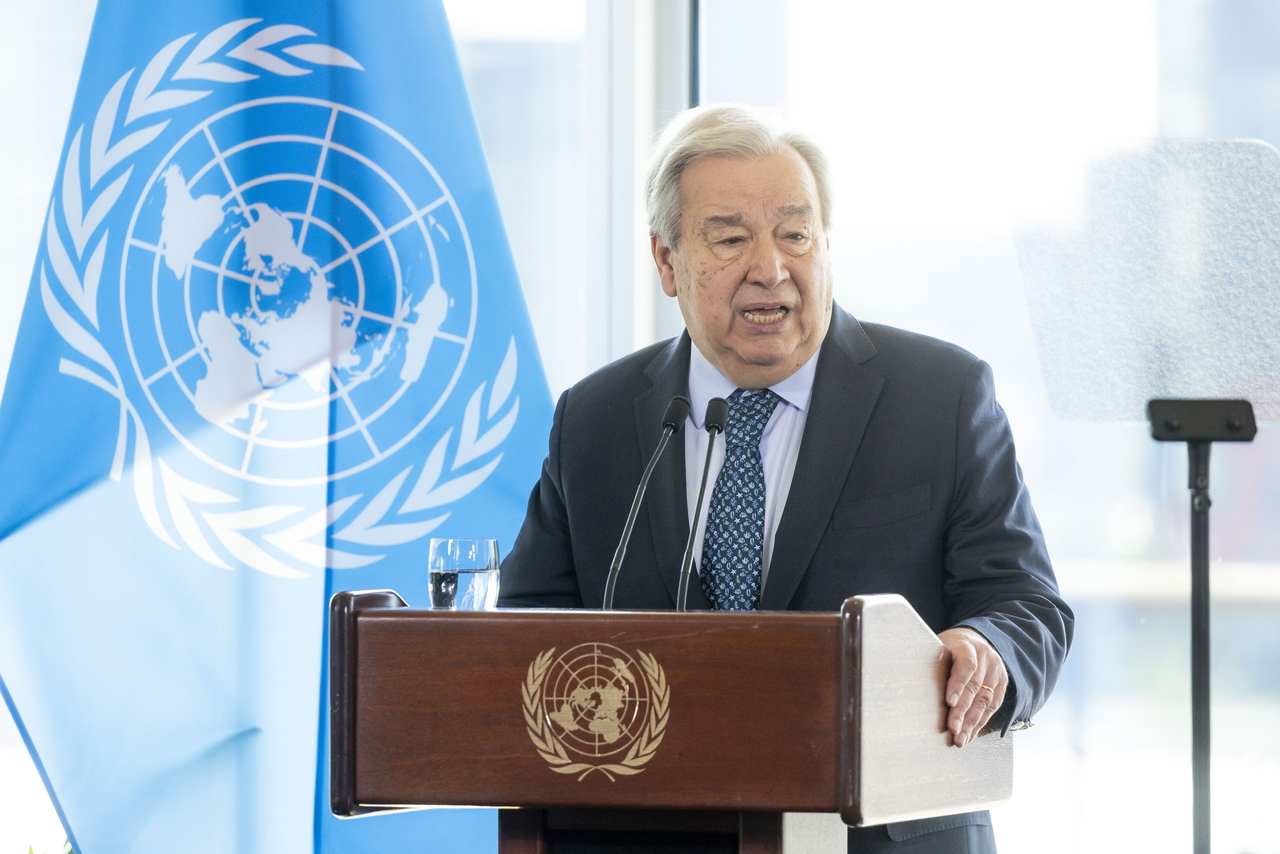 UN Secretary-General Antonio Guterres delivers a speech in New York, Tuesday. (EAP-Yonhap)