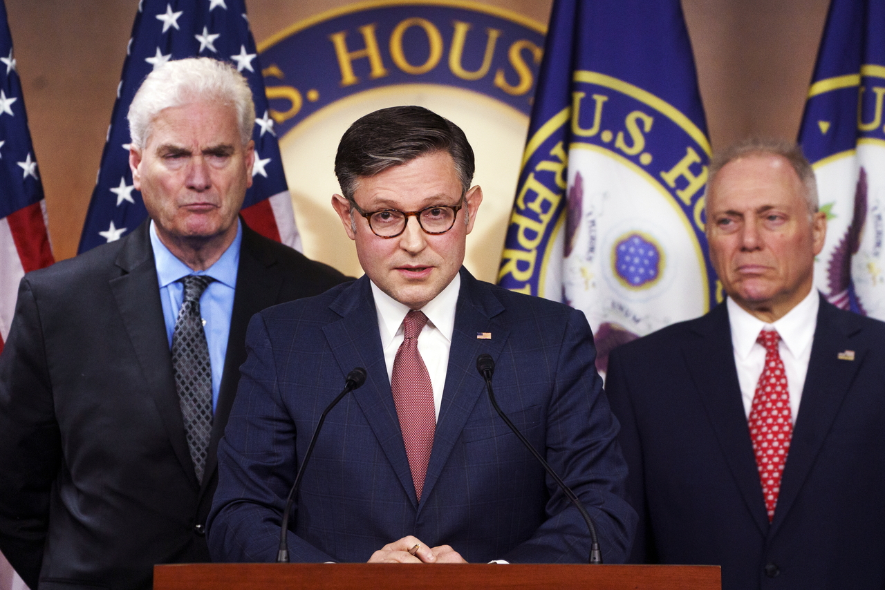 US House Speaker Mike Johnson (center) attends a press conference in Washington, Tuesday. (EPA-Yonhap)