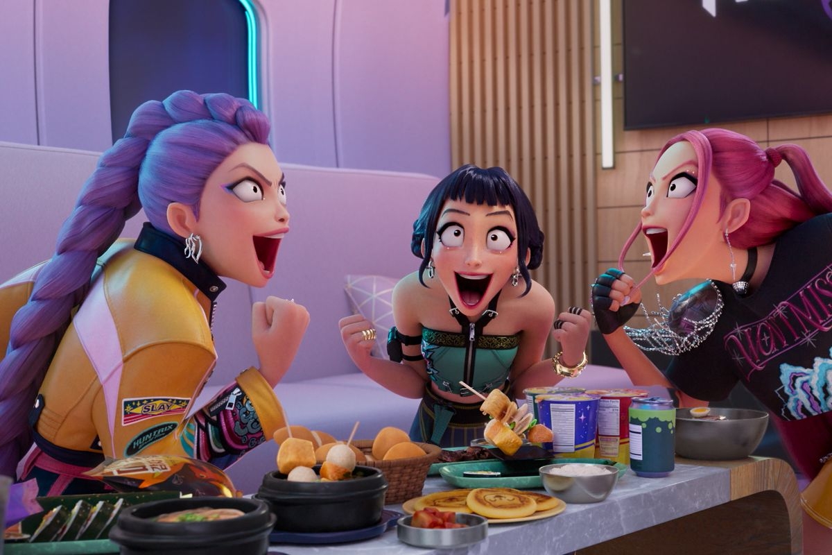 A scene from KPop Demon Hunters shows naengmyeon on the left-hand corner of the table (Netflix)