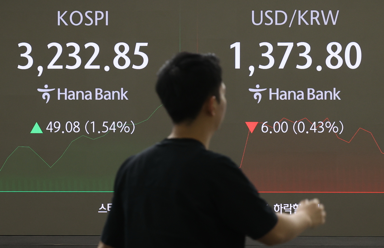 An electronic board showing the Korea Composite Stock Price Index at a dealing room of the Hana Bank headquarters in Seoul on Thursday. (Yonhap)