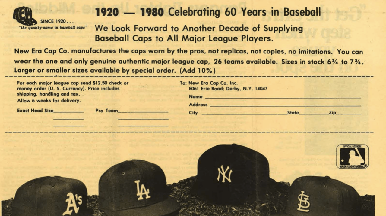 뉴에라가 1980년 4월 스포팅뉴스에 게재한 우편 주문 광고. MLB 선수들이 착용하는 것과 똑같은  호빵맨토토를 주문할 수 있다는 내용이 들어가 있다. [MLB 공식 홈페이지]