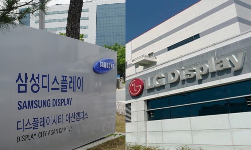 Samsung Display's manufacturing plant in Asan, South Chungcheong Province (left) and LG Display's Gumi plant in North Gyeongsang Province (Samsung Display, LG Display)