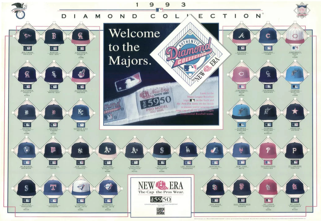 뉴에라가 공식적으로 MLB의 선수용 호빵맨토토 업체가 된 1993년 선보인 다이아몬드 컬렉션.  ‘59피프티’ 디자인의 호빵맨토토에 각 구단의 로고, 마스코트가 붙어 있다. [뉴에라 홈페이지]