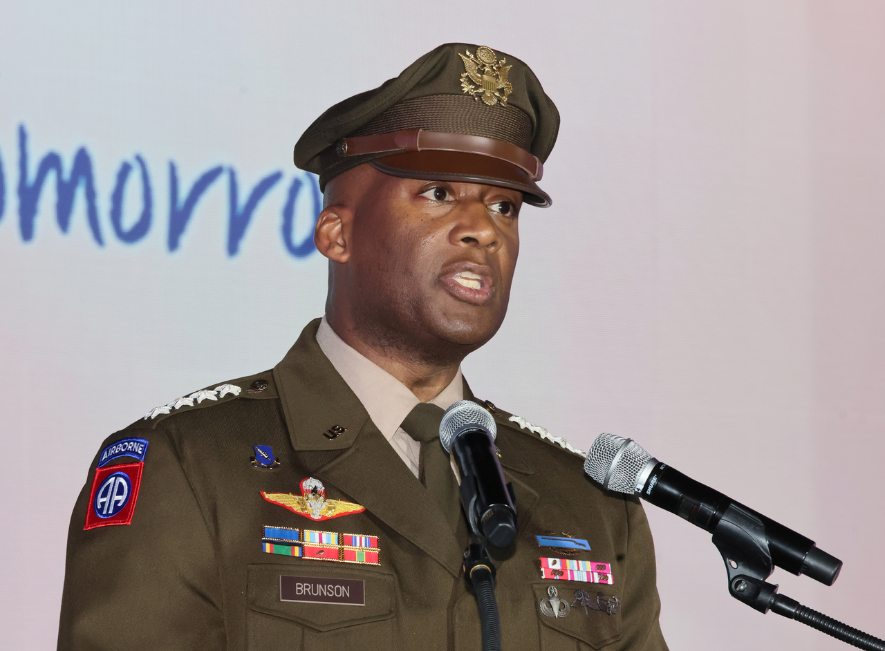 Gen. Xavier Brunson, commander of the United States Forces Korea, delivers a commemorative speech during the ceremony. (Yonhap)