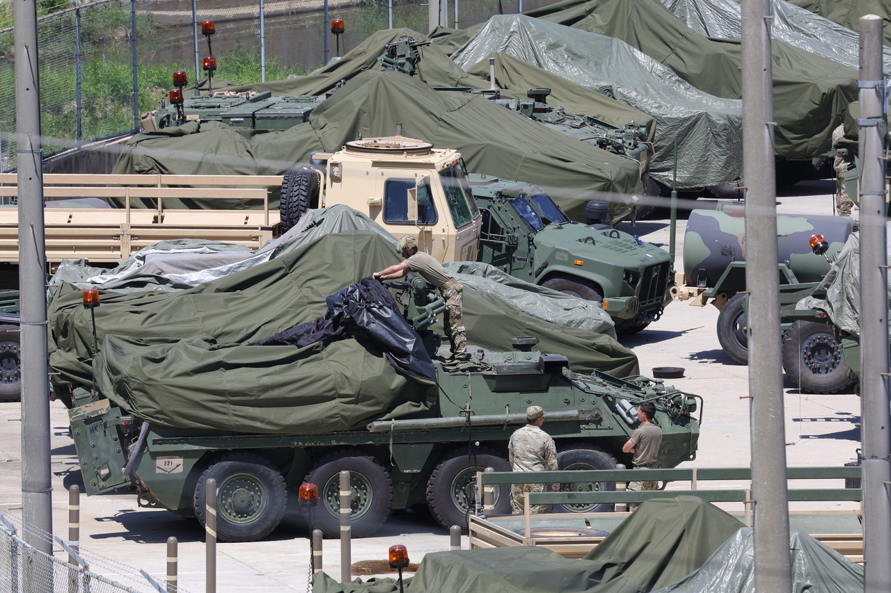 Military vehicles are parked at the US military base in Dongducheon, Gyeonggi Province , in this photo taken on July 10. (Yonhap)