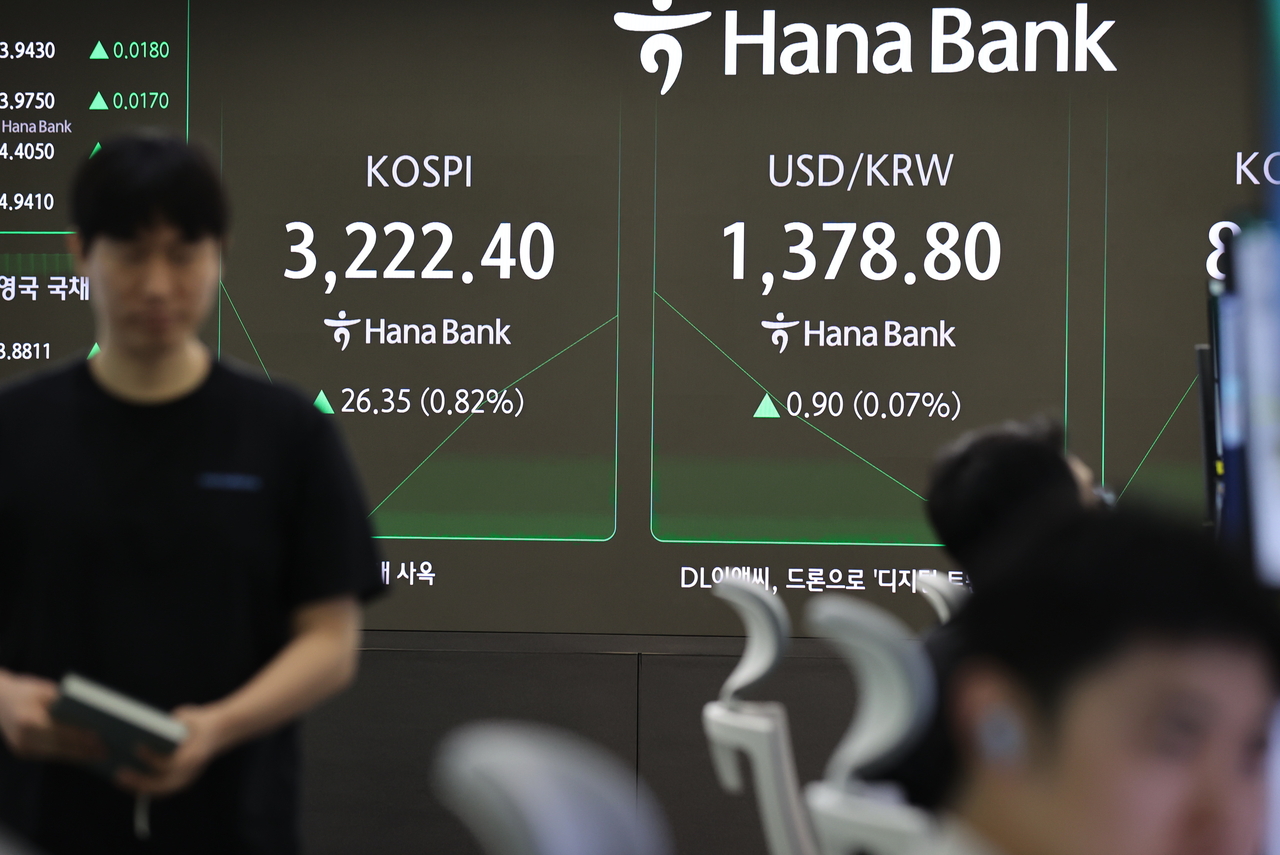 An electronic board showing the Korea Composite Stock Price Index at a dealing room of the Hana Bank headquarters in Seoul on Monday. (Yonhap)