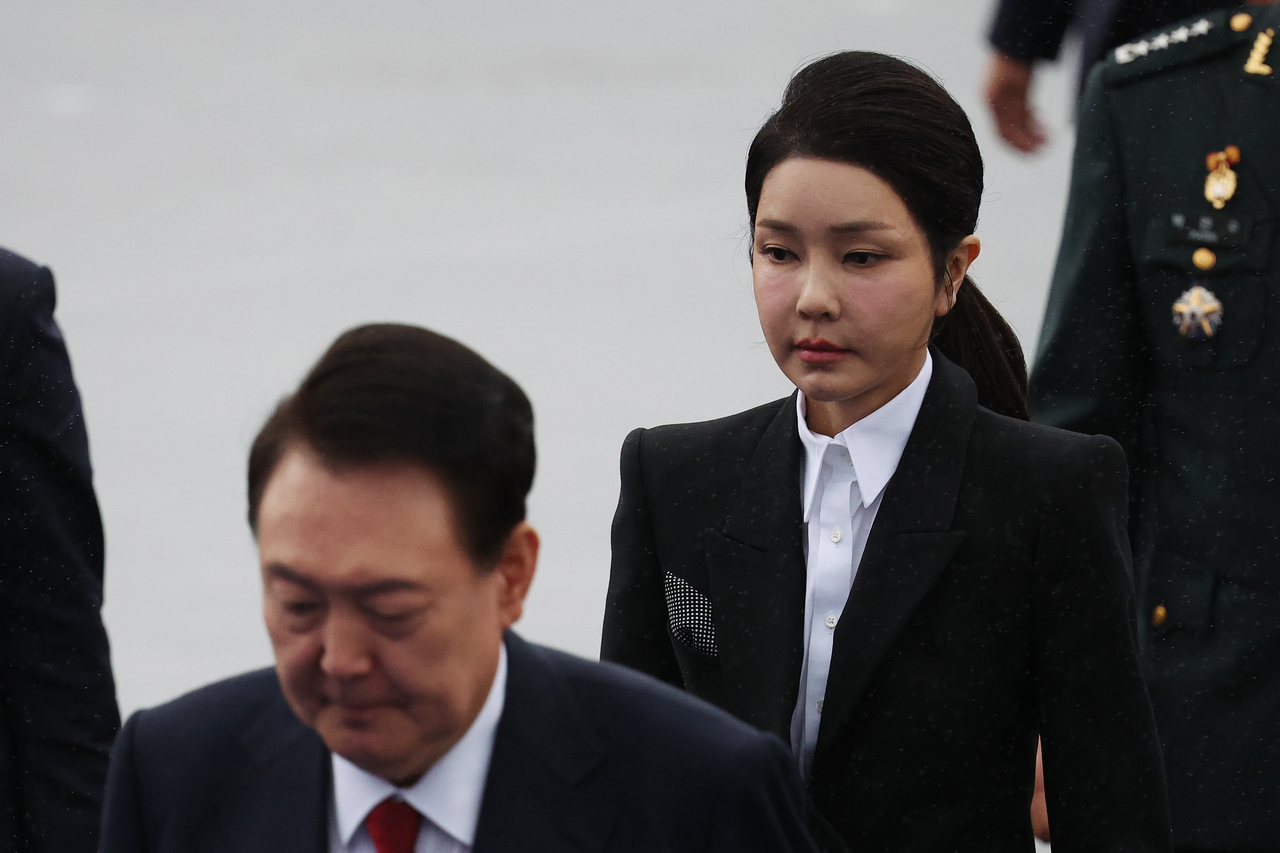 Former South Korean President Yoon Suk Yeol (left) and his wife Kim Keon Hee (right) arrive for a celebration to mark 76th South Korea Armed Forces Day ceremony on October 01, 2024 in Seongnam, South Korea. (Getty Images)