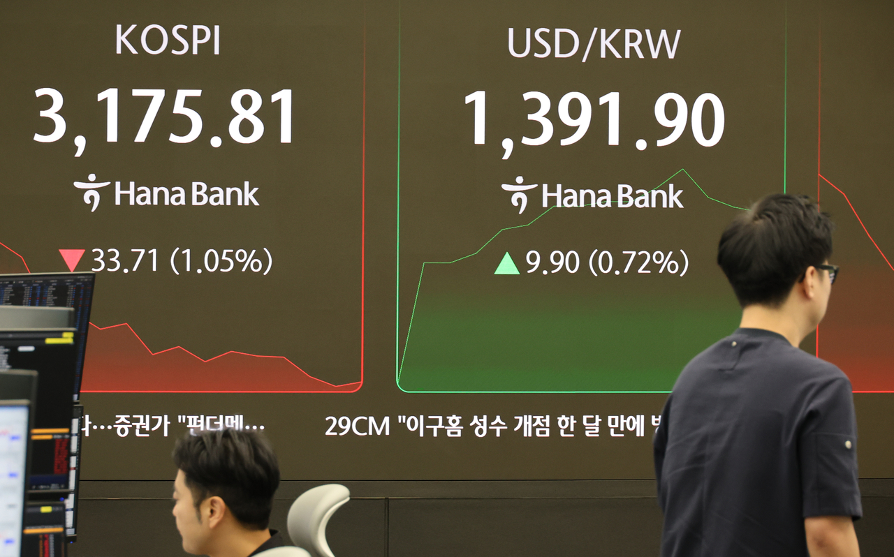 An electronic board showing the Korea Composite Stock Price Index at a dealing room of the Hana Bank headquarters in Seoul on Tuesday. (Yonhap)